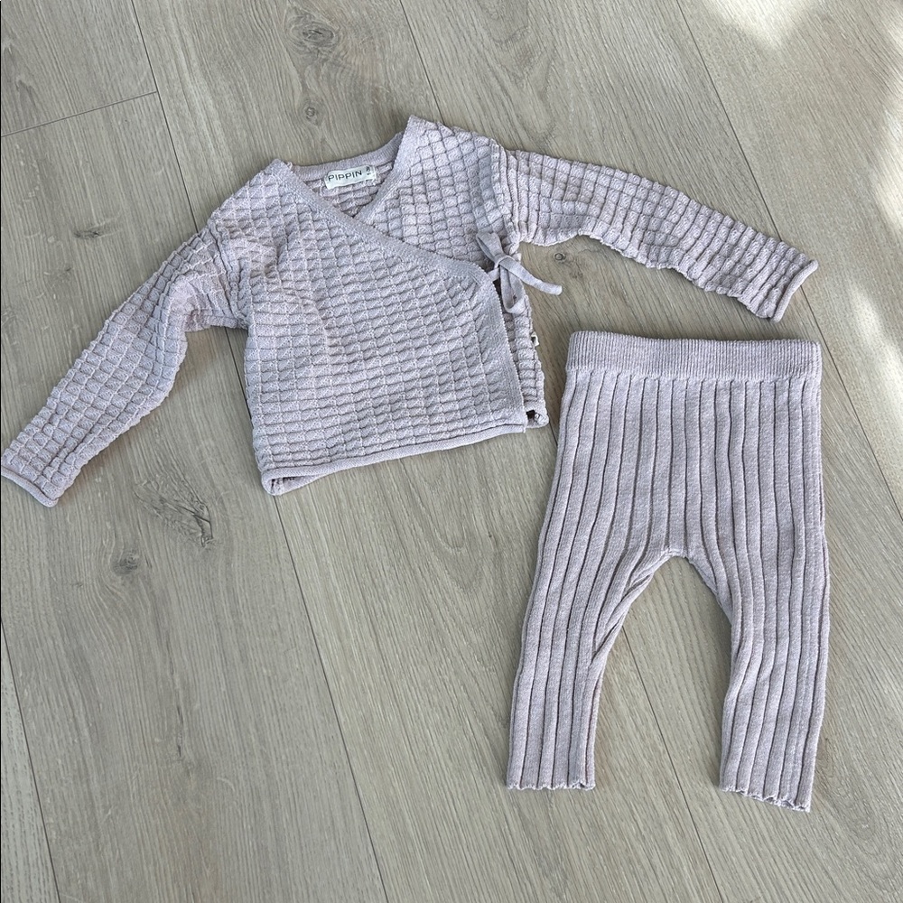 Wear Pippin Knit Wrap Top and Ribbed Pants Set - Light Lavender 100% cotton
